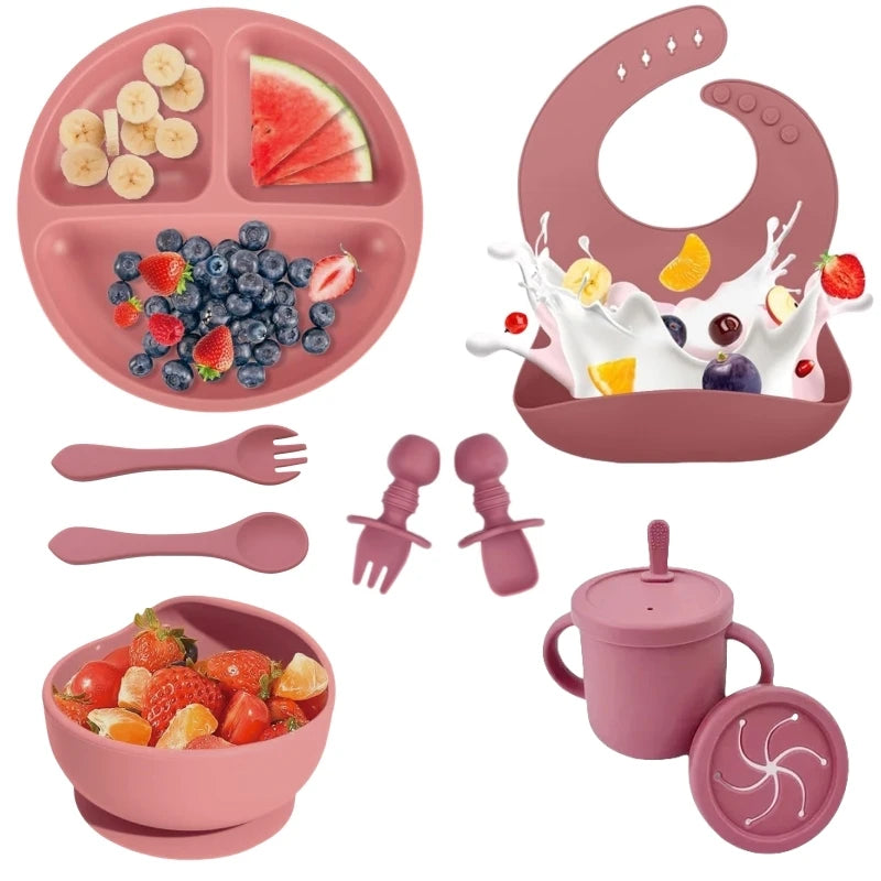 Set Repas Silicone Bébé – Bol Ventouse, Assiette, Cuillère & Paille Sans BPA