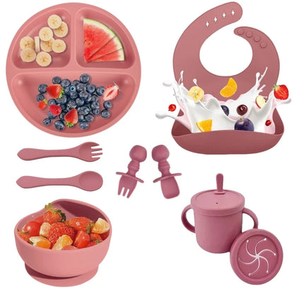 Set Repas Silicone Bébé – Bol Ventouse, Assiette, Cuillère & Paille Sans BPA