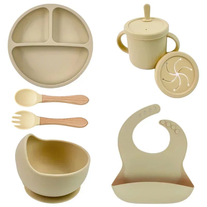 Set Repas Silicone Bébé – Bol Ventouse, Assiette, Cuillère & Paille Sans BPA