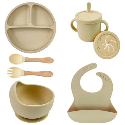 Set Repas Silicone Bébé – Bol Ventouse, Assiette, Cuillère & Paille Sans BPA