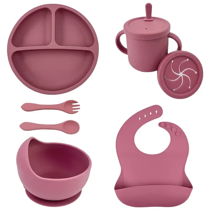 Set Repas Silicone Bébé – Bol Ventouse, Assiette, Cuillère & Paille Sans BPA