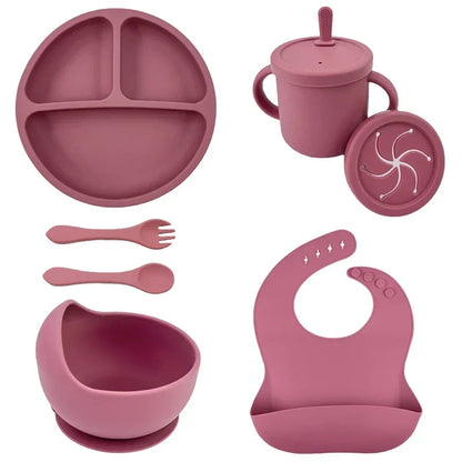 Set Repas Silicone Bébé – Bol Ventouse, Assiette, Cuillère & Paille Sans BPA