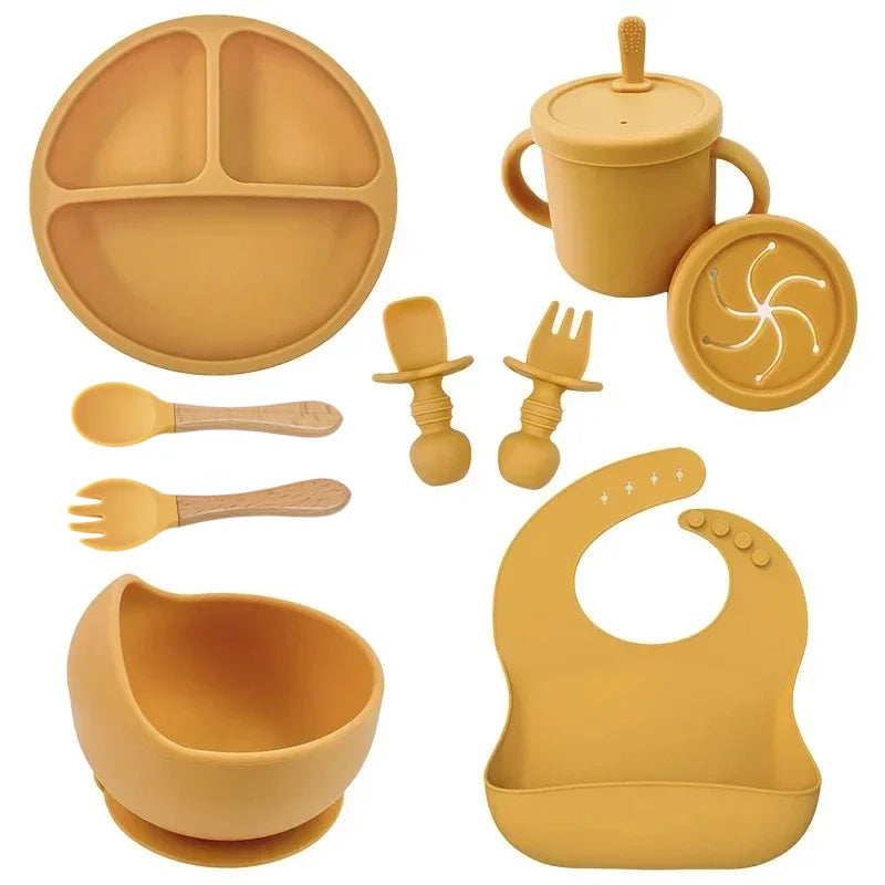 Set Repas Silicone Bébé – Bol Ventouse, Assiette, Cuillère & Paille Sans BPA