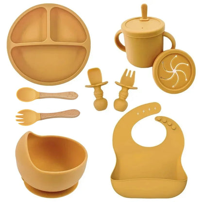 Set Repas Silicone Bébé – Bol Ventouse, Assiette, Cuillère & Paille Sans BPA