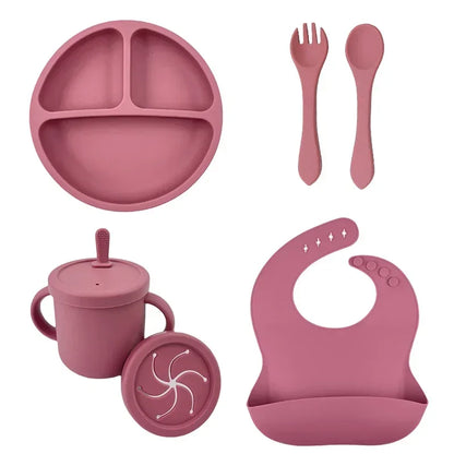 Set Repas Silicone Bébé – Bol Ventouse, Assiette, Cuillère & Paille Sans BPA