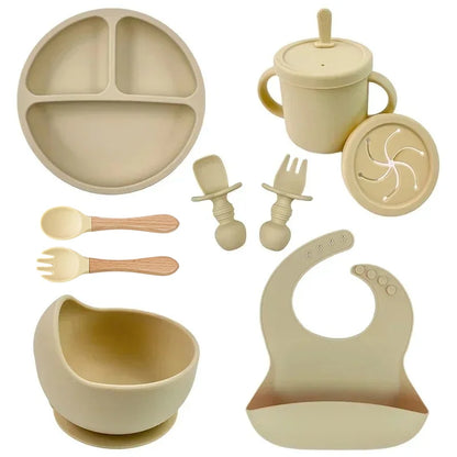 Set Repas Silicone Bébé – Bol Ventouse, Assiette, Cuillère & Paille Sans BPA