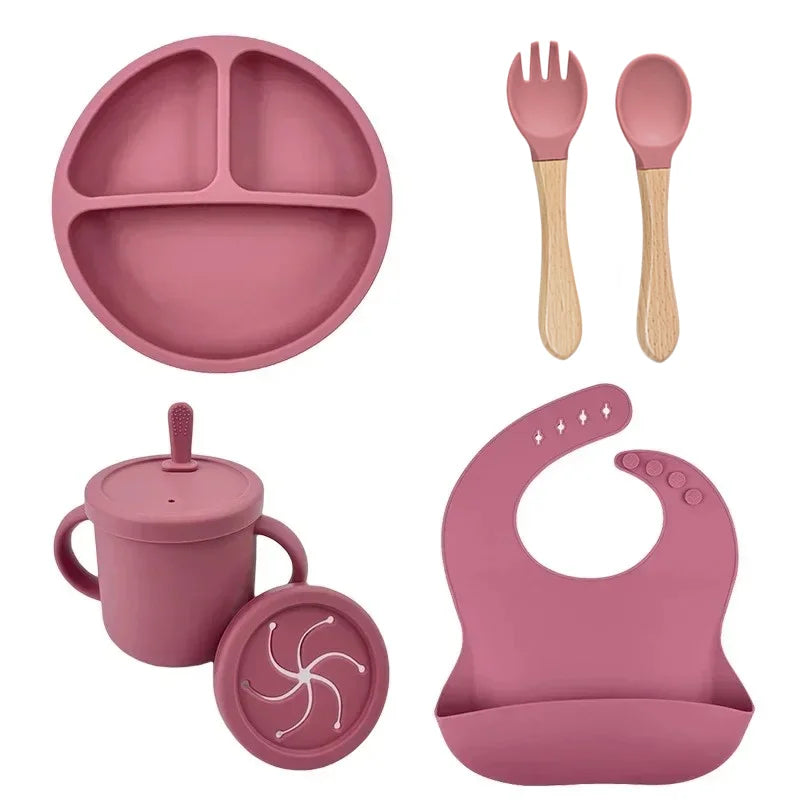 Set Repas Silicone Bébé – Bol Ventouse, Assiette, Cuillère & Paille Sans BPA