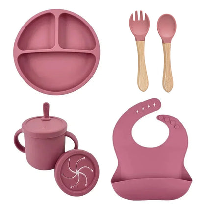 Set Repas Silicone Bébé – Bol Ventouse, Assiette, Cuillère & Paille Sans BPA
