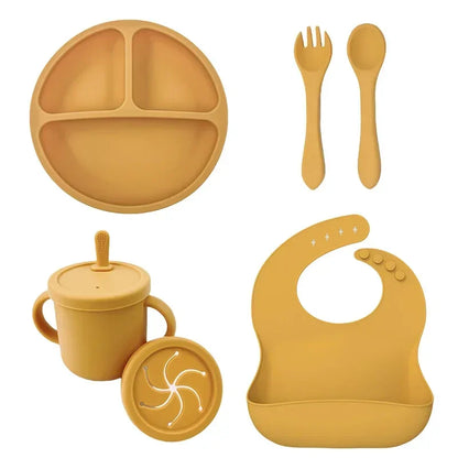 Set Repas Silicone Bébé – Bol Ventouse, Assiette, Cuillère & Paille Sans BPA