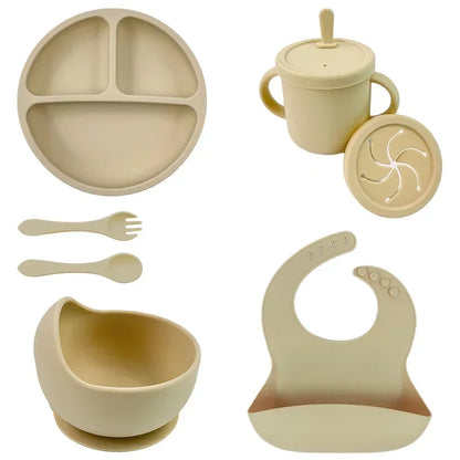 Set Repas Silicone Bébé – Bol Ventouse, Assiette, Cuillère & Paille Sans BPA