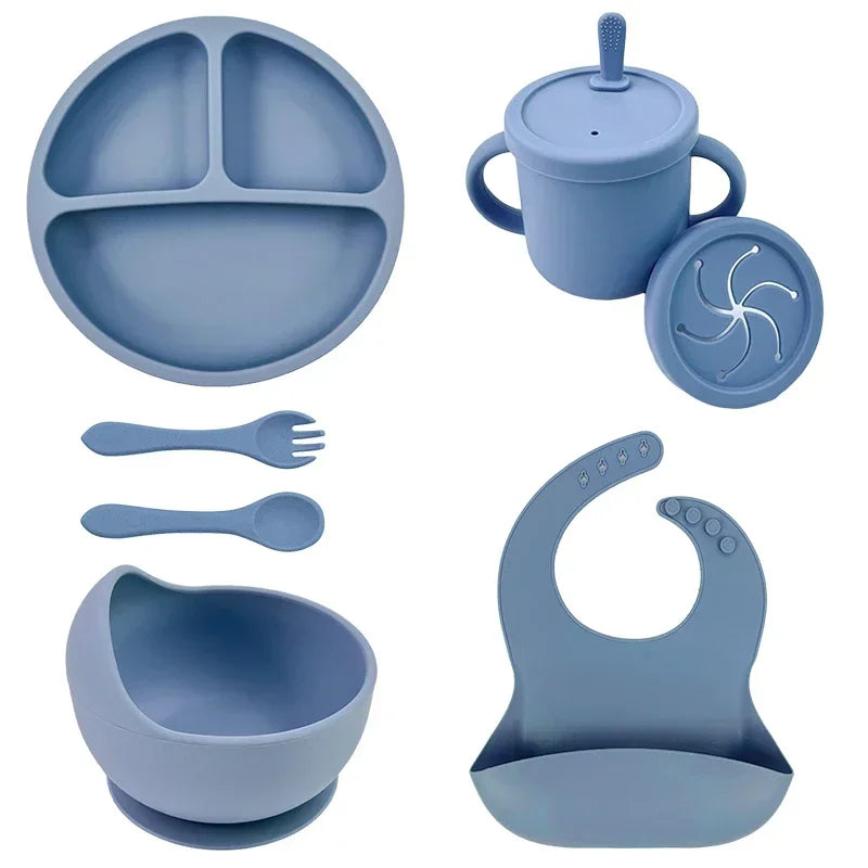 Set Repas Silicone Bébé – Bol Ventouse, Assiette, Cuillère & Paille Sans BPA