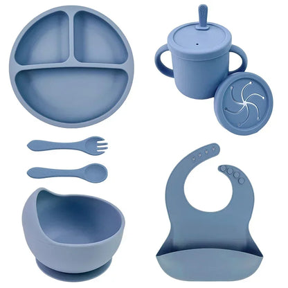 Set Repas Silicone Bébé – Bol Ventouse, Assiette, Cuillère & Paille Sans BPA