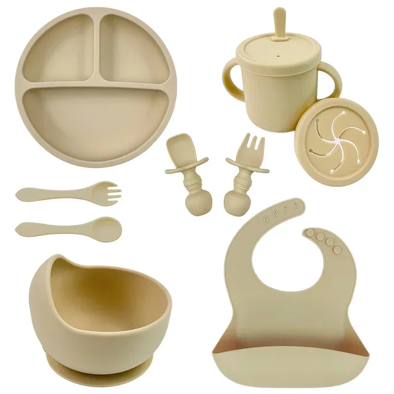 Set Repas Silicone Bébé – Bol Ventouse, Assiette, Cuillère & Paille Sans BPA