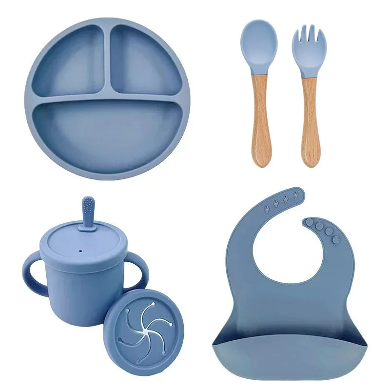 Set Repas Silicone Bébé – Bol Ventouse, Assiette, Cuillère & Paille Sans BPA