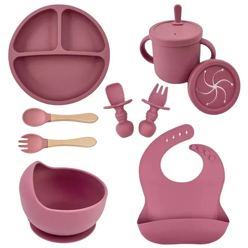 Set Repas Silicone Bébé – Bol Ventouse, Assiette, Cuillère & Paille Sans BPA