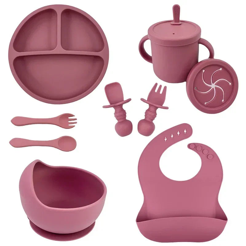 Set Repas Silicone Bébé – Bol Ventouse, Assiette, Cuillère & Paille Sans BPA