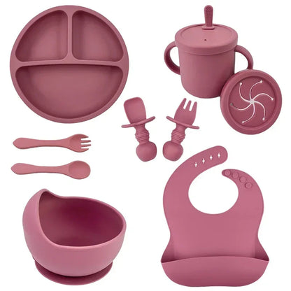 Set Repas Silicone Bébé – Bol Ventouse, Assiette, Cuillère & Paille Sans BPA
