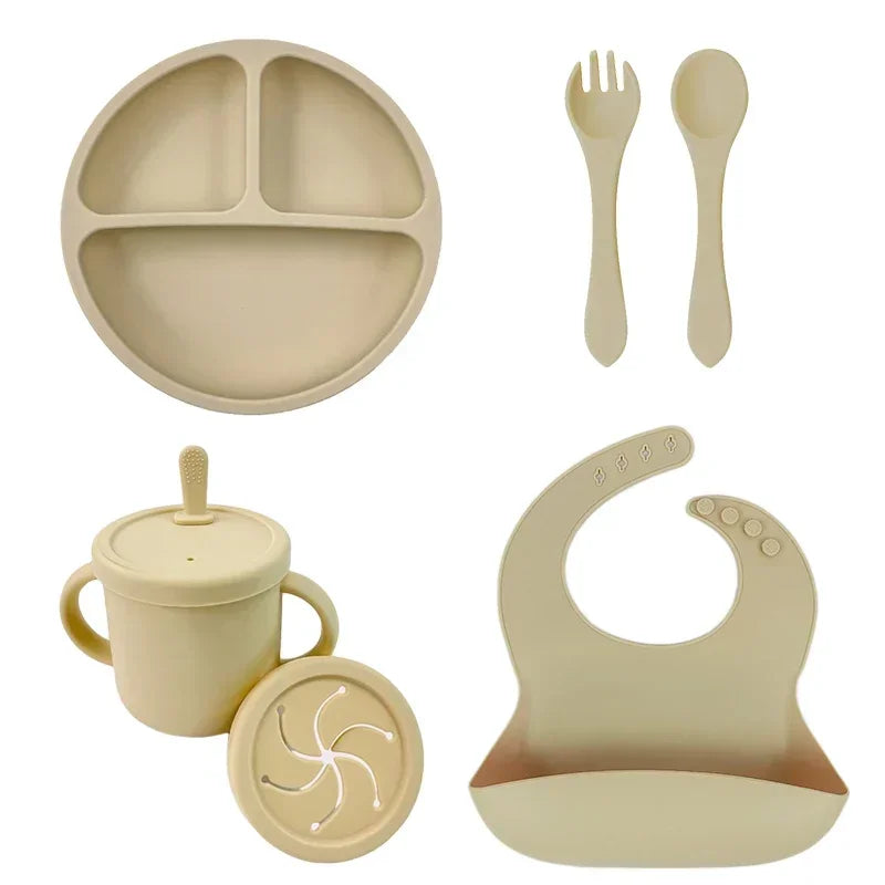 Set Repas Silicone Bébé – Bol Ventouse, Assiette, Cuillère & Paille Sans BPA