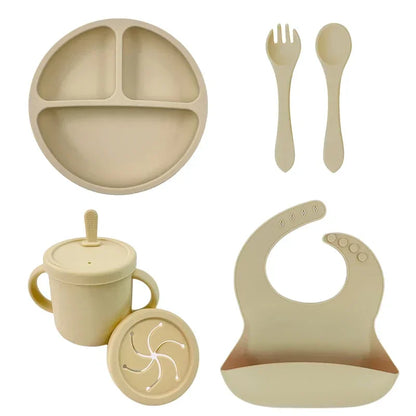 Set Repas Silicone Bébé – Bol Ventouse, Assiette, Cuillère & Paille Sans BPA
