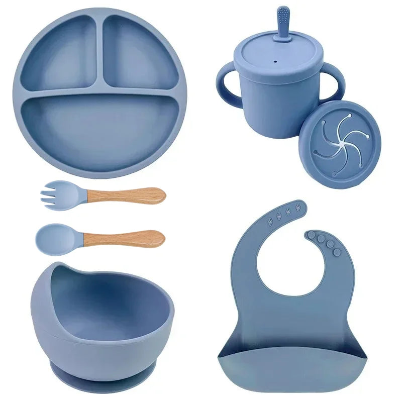 Set Repas Silicone Bébé – Bol Ventouse, Assiette, Cuillère & Paille Sans BPA