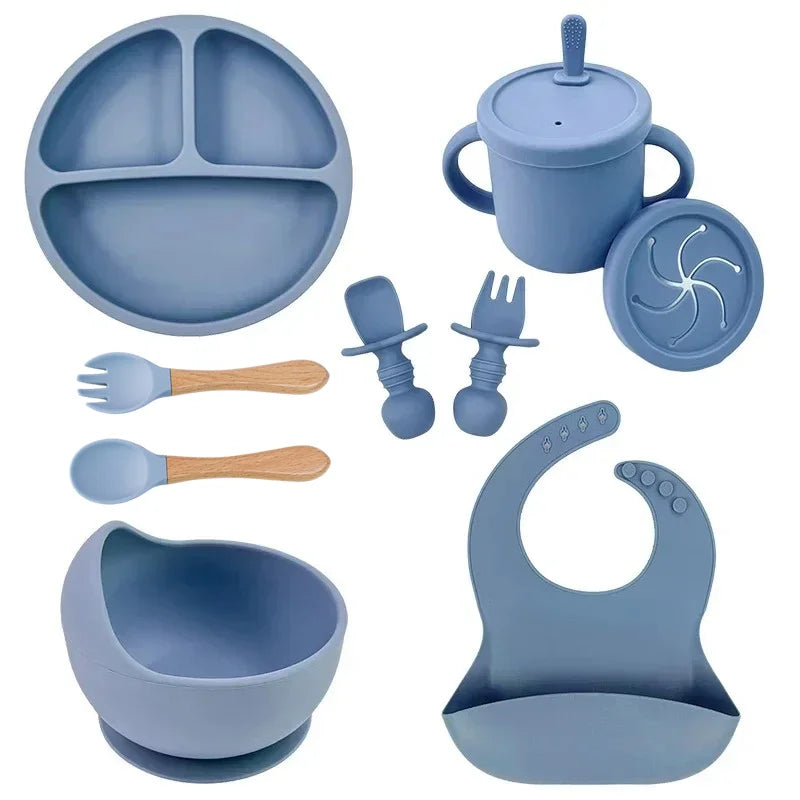 Set Repas Silicone Bébé – Bol Ventouse, Assiette, Cuillère & Paille Sans BPA