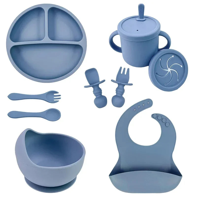 Set Repas Silicone Bébé – Bol Ventouse, Assiette, Cuillère & Paille Sans BPA