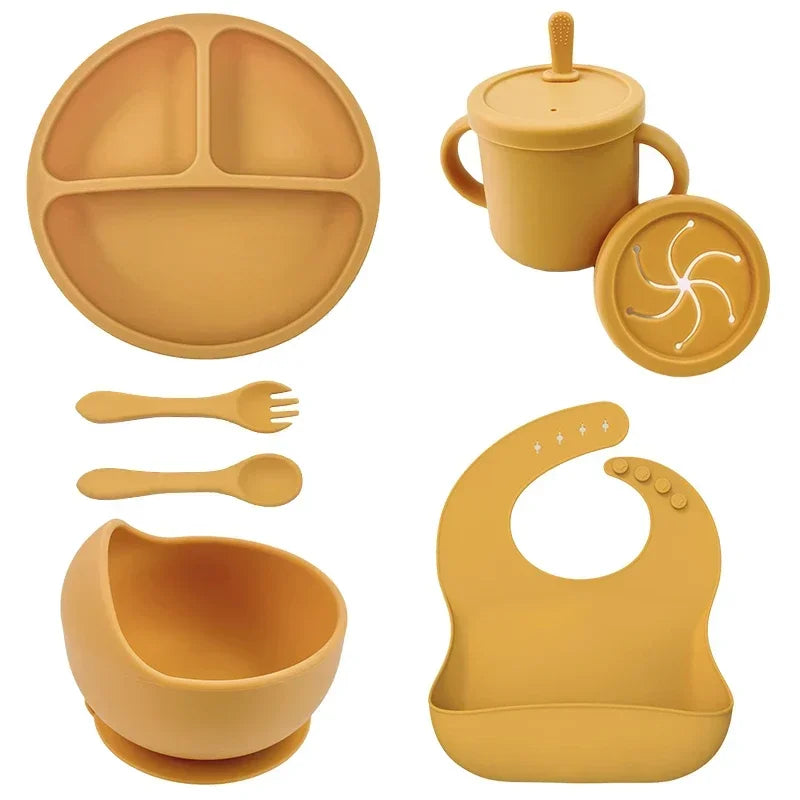 Set Repas Silicone Bébé – Bol Ventouse, Assiette, Cuillère & Paille Sans BPA