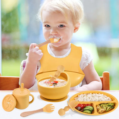 Set Repas Silicone Bébé – Bol Ventouse, Assiette, Cuillère & Paille Sans BPA