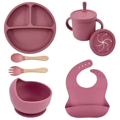Set Repas Silicone Bébé – Bol Ventouse, Assiette, Cuillère & Paille Sans BPA